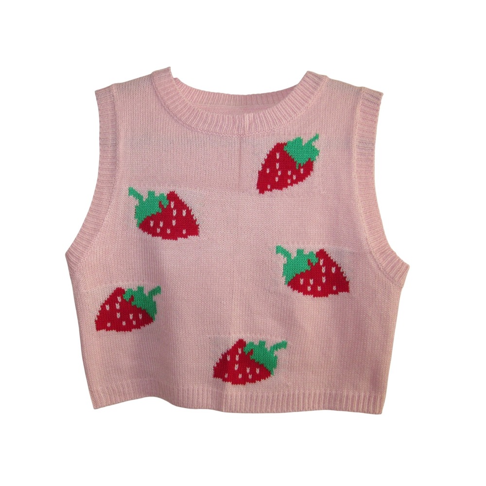Vtg Strawberry Knit Sweater Vest Pink Crop Cottagecore Coquette Y2K Soft Girl